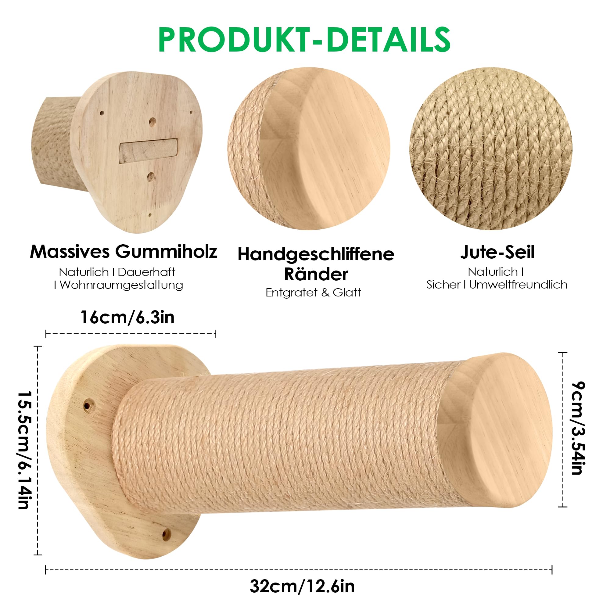 Ściana schodowa dla kota, stopień wspinaczkowy (3 szt.), z nowym połączeniem czop-rowkiem, masywne drewno gumowe, Ø 9 x dł. 32 cm, słupki sizalowe, montaż na ścianie, jutowe drapaki, ściana