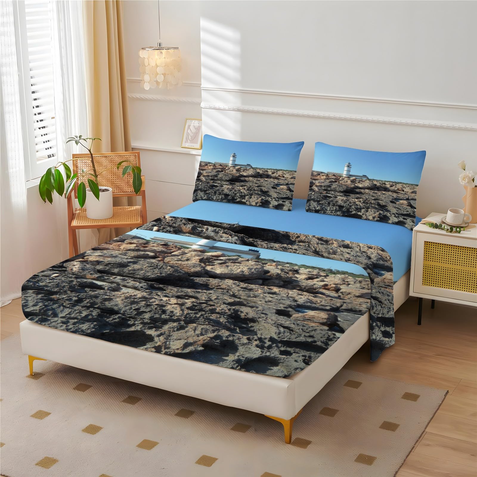 BIAFRALighthouse Sheets Queen Size - Gobi Desert Bed Sheets, Soft Wrinkle Free Breathable & Comfy Extra Deep Pockets Queen Size Fitted Sheet with 2 Pillowcases