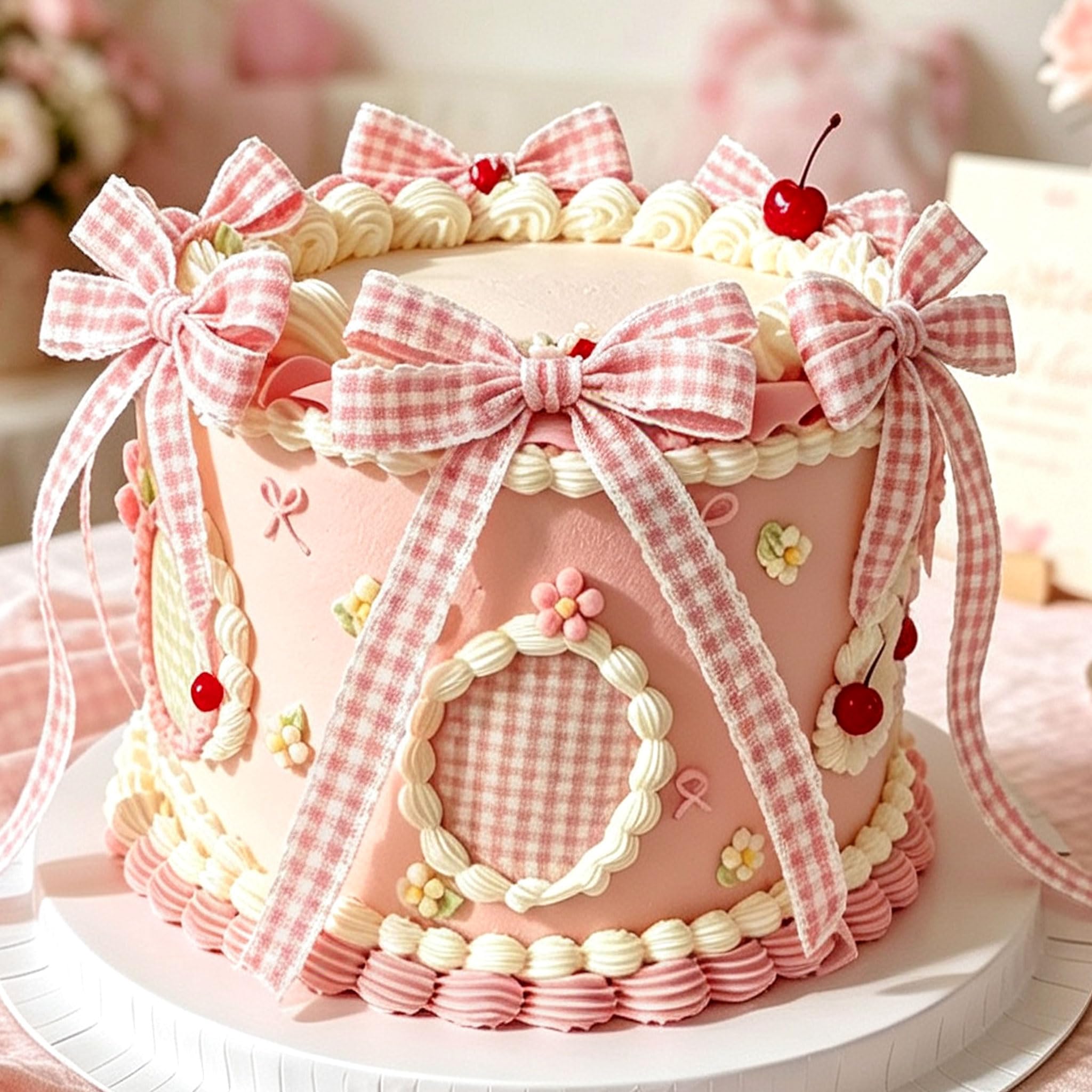 Pink Gingham Bows Cake Topper Coquette Bows Cake Decor