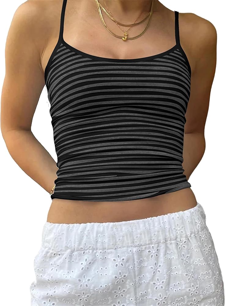 KIGRAD Women Y2k Colorblock Striped Spaghetti Strap Crop Tank Tops