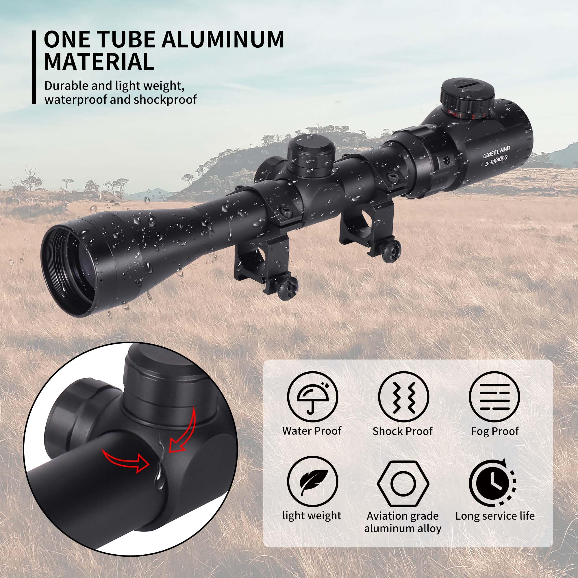 Goetland Gewehr Zielfernrohr 3-9x40 EG Airsoft Rot Grün Fadenkreuz mit Montage Ringe SFP für Taktische Jagd Armbrust Luftgewehr Sportschützen