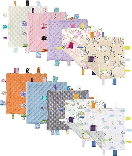 CREVENT Mantas con etiquetas de seguridad para bebés, suaves mantitas pequeñas Loveys para niños, manta sensorial de confort para bebé, excelentes