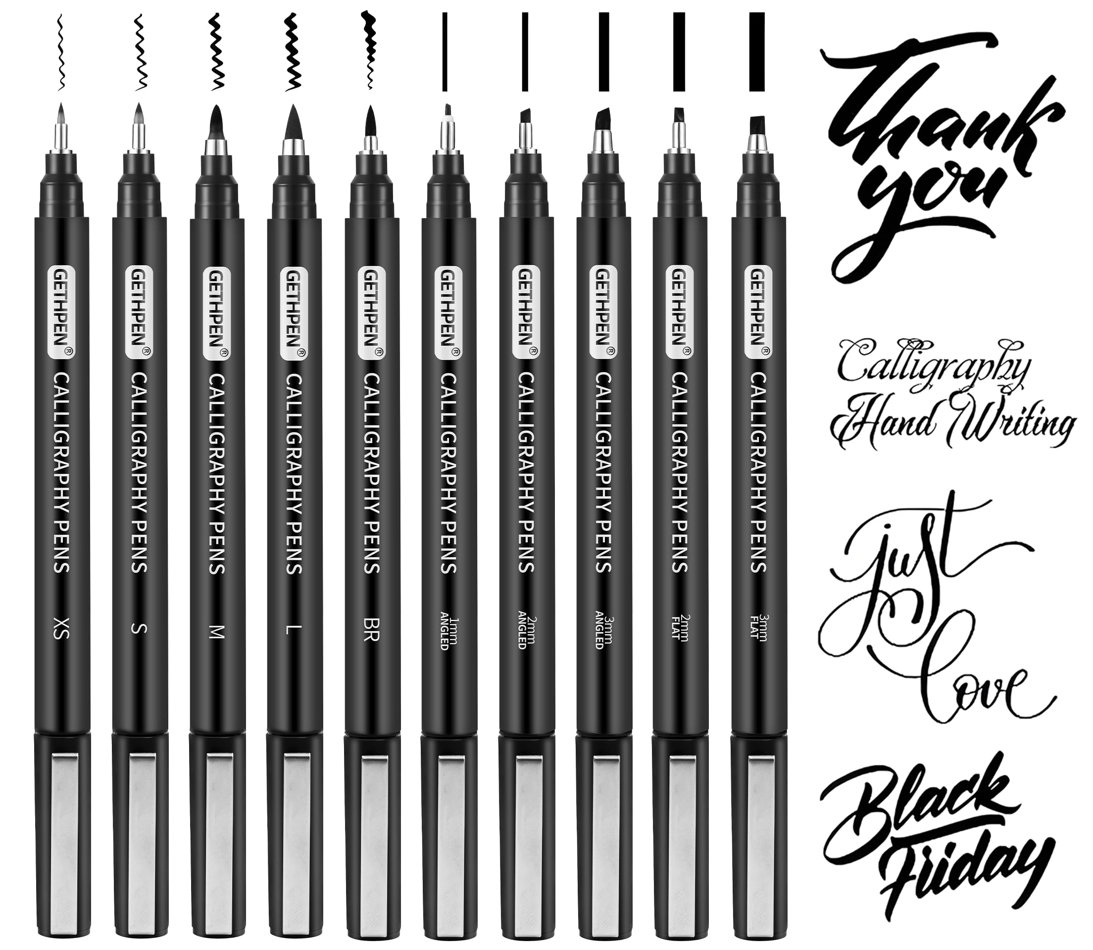 GETHPEN Calligraphy Brush Pen Set,10 Sizes Black Archival Ink Markers | Calligraphy Pens…