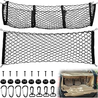 Automotive Cargo Net Stretchable and 3 Pocket Trunk Net Organizer Black Car Interior Accessories Cargo Storage Mesh Net Truck Bed Grocery Holder with Hooks Screws Buttonholes (43.3 x 15.7 Inches)