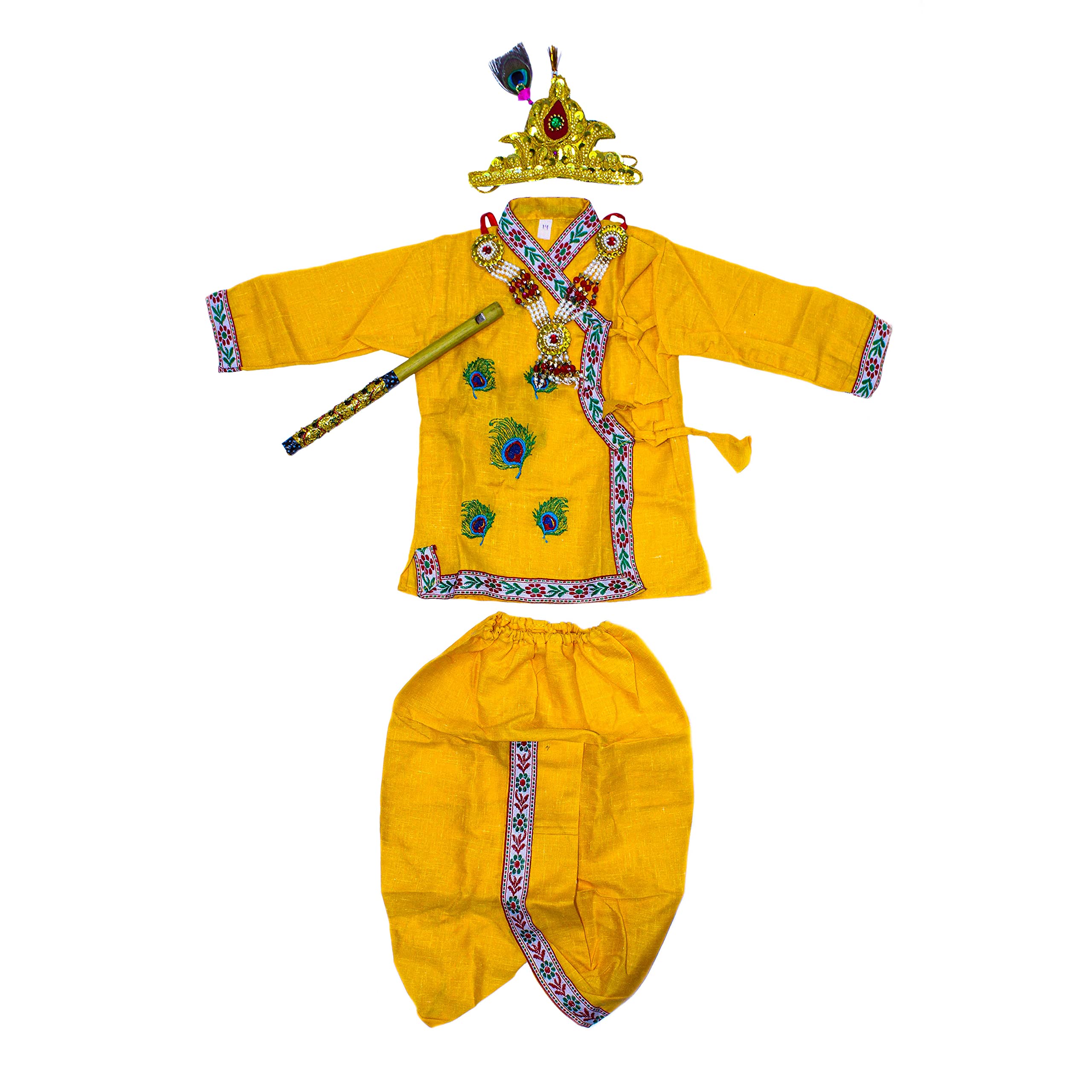 Embroidery Yellow Cotton Krishna Dress for Baby Boy 0 to 6 Months with Jewellery & Flute, Krishna Costume for Baby Girl, Janmashtami Dress for Baby Boy