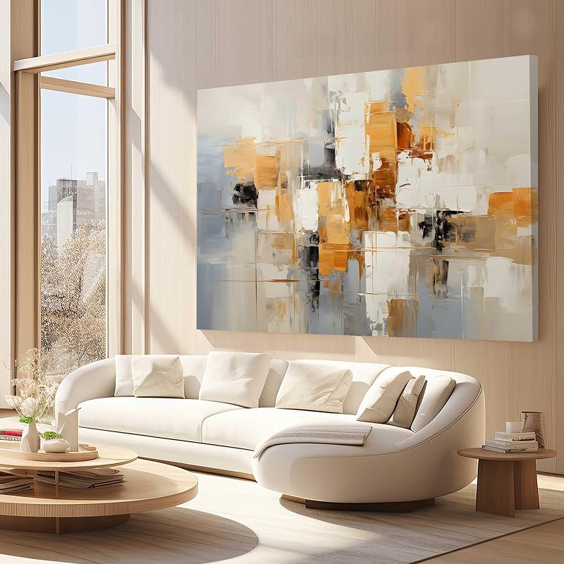 Quadros Decorativos para Quarto Sala 130x90 Pintura Arte Abstrato Bege Branco Marrom Dourado Grande Escritório Hall