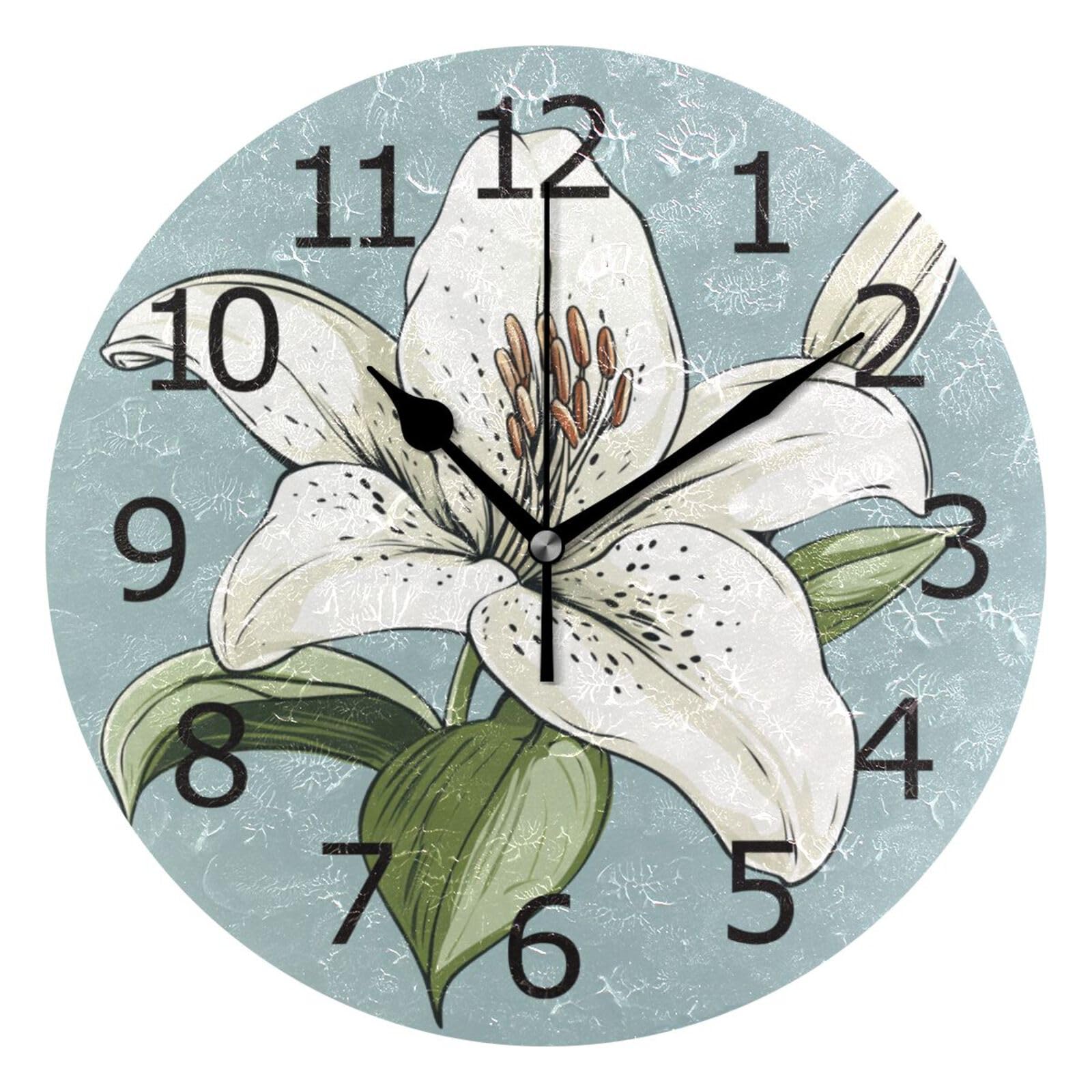 Horloge murale gribouillage de lys blanc, pendules murales silencieuses pour cuisine
