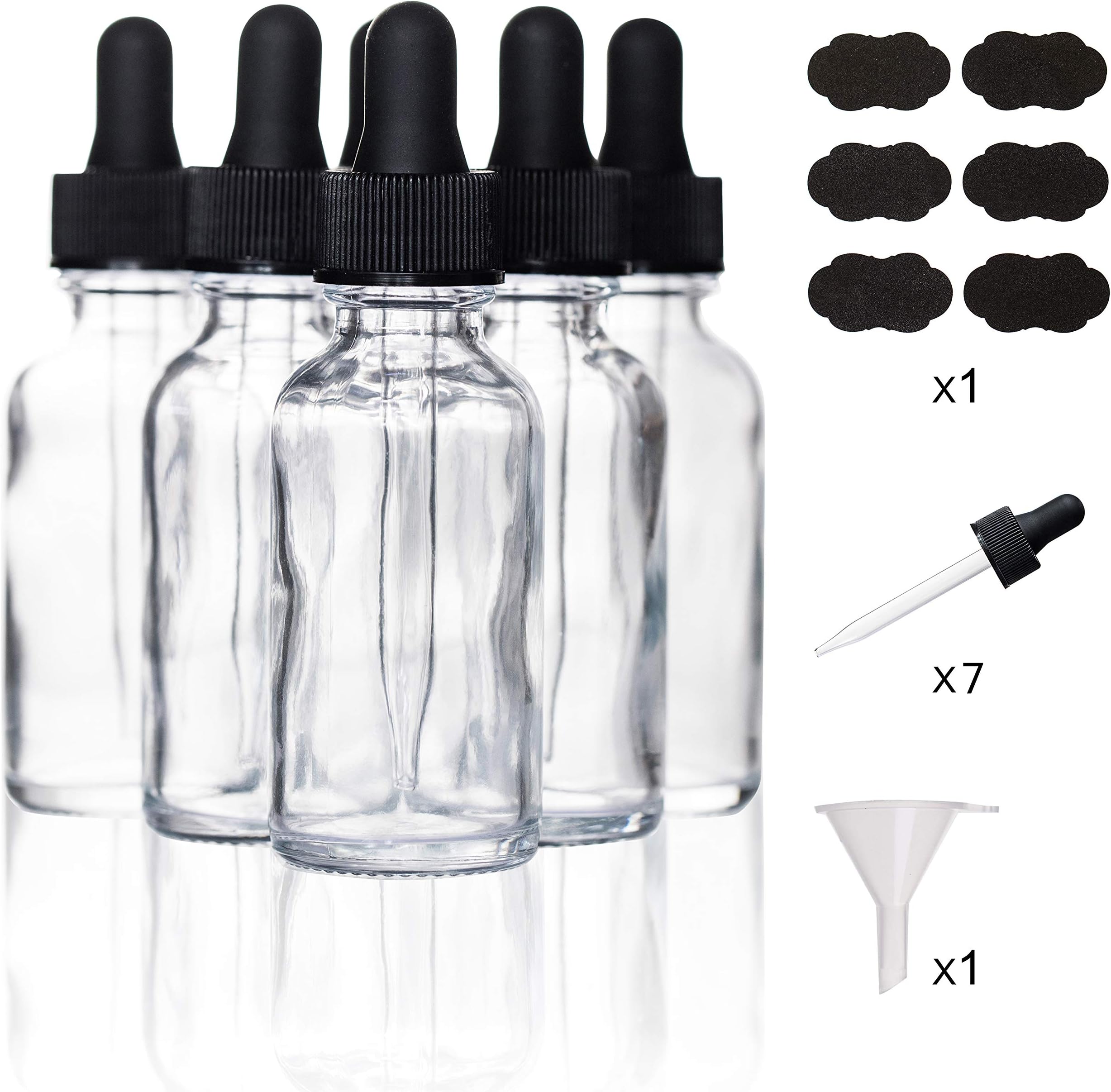 30ml (1oz) Clear Boston Round Bottle with Glass Eye Dropper, Pack of 6