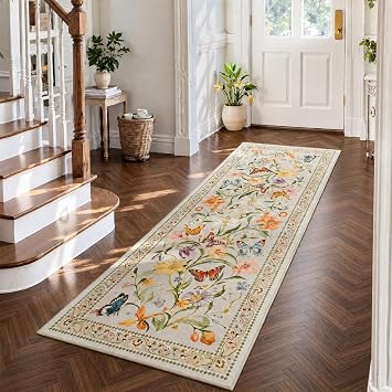 2x6 Kitchen Runner Rugs Non Slip Washable, Beige Floral Runner Rug for Hallway Bedroom Bathroom, Pet & Kids Friendly, Soft Low Pile Stain Resistant Foldable Floor Carpet