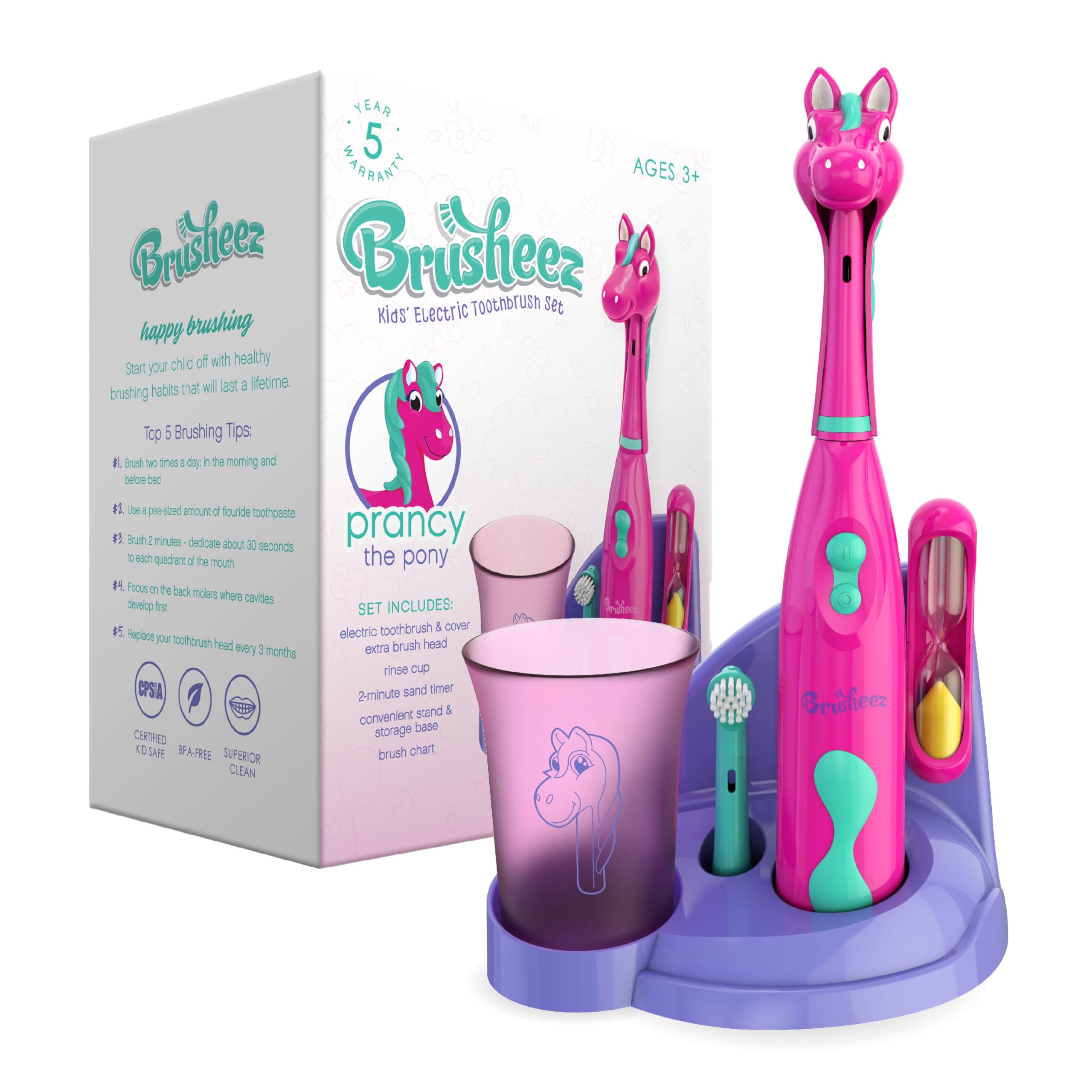 Brusheez Kids’ Electric Toothbrush Set - Safe & Effective for Ages 3+ - Parent Tested & Approved with Gentle Bristles, 2 Brush Heads, Rinse Cup, 2-Minute Timer, & Storage Base (Prancy The Pony)