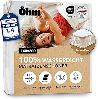 Matratzenschoner 140x200 cm | wasserdichte & Geräuschlose Matratzenauflage | Hypoallergene Baumwolle | Mit Elastikbändern an den 4 Ecken | Für Matratzen bis 40 cm Höhe | Anti-Milben | Oeko-TEX | Ôhm