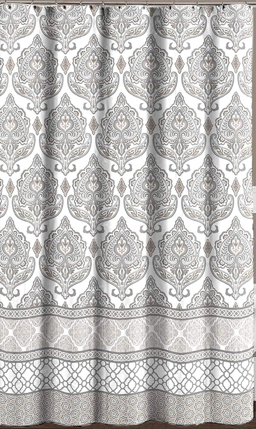 Grey Taupe White Fabric Shower Curtain: Floral Damask with Geometric Border Design (Darian)