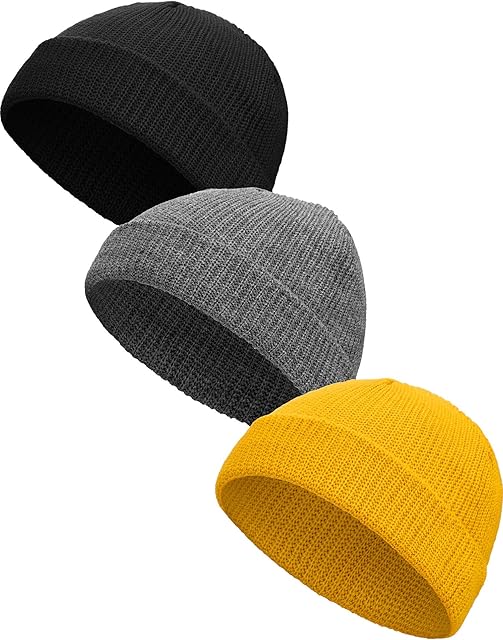 3 Pieces Winter Trawler Beanie Watch Hat Knit Cuff Beanie Roll up Edge Skullcap Fisherman Beanie (Black, Yellow and Grey)