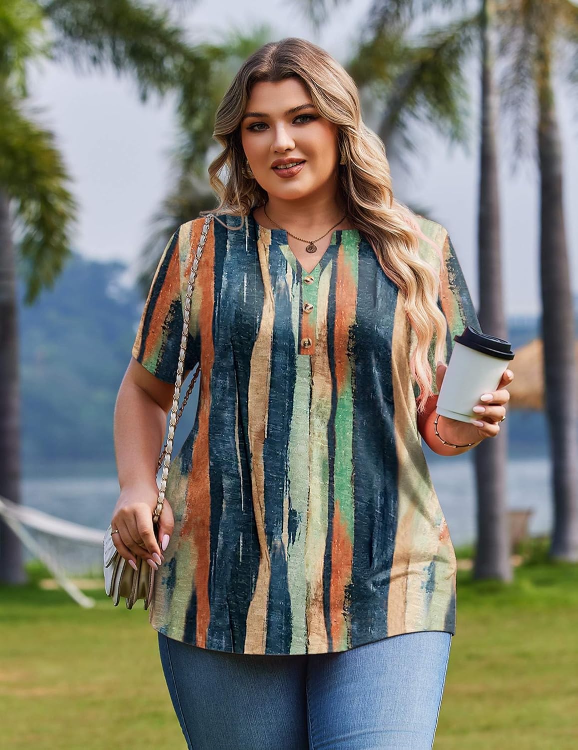 IN'VOLAND Womens Plus Size Tops V Neck Button Down Tshirts Short Sleeve Dressy Casual Tunic Blouses Summer Outfits 1X-5X - Image 2