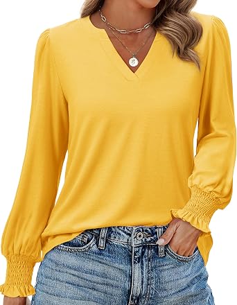 Uhiger Womens Tunic Tops Long Sleeve Blouses for Women Dressy Casual V Neck Tops Shirts Trendy with Smocked Cuffs