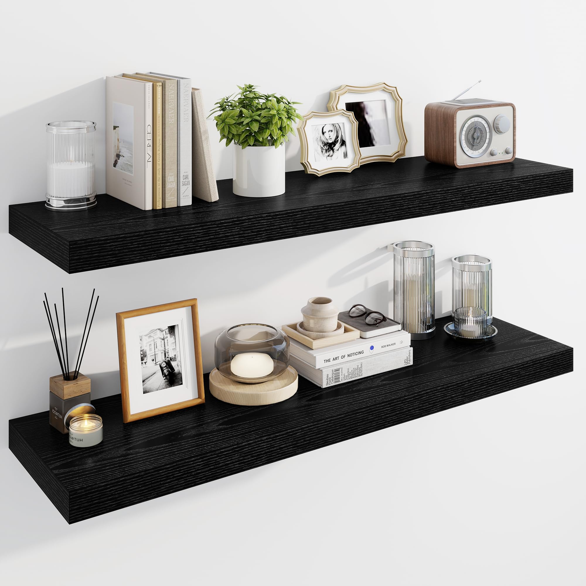 Marsmiles 100cm Floating Shelves for Wall, Wooden Shelves with Invisible Brackets Set of 2, Rustic Farmhouse Wall Mounted Shelf for Kitchen Bathroom Living Room Study, Black