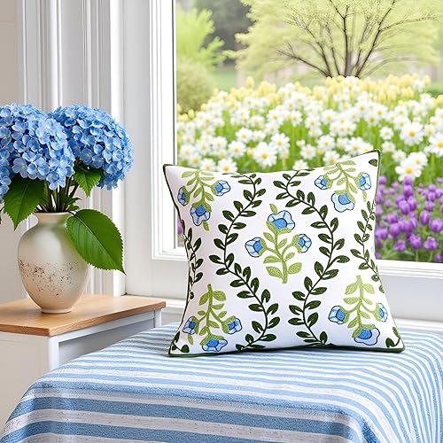 Miniatura 5 de Tosleo Fundas de almohada bordadas de 18 x 18 pulgadas, paquete de 2 fundas de almohada decorativas de algodón con flores verdes y vides azules,