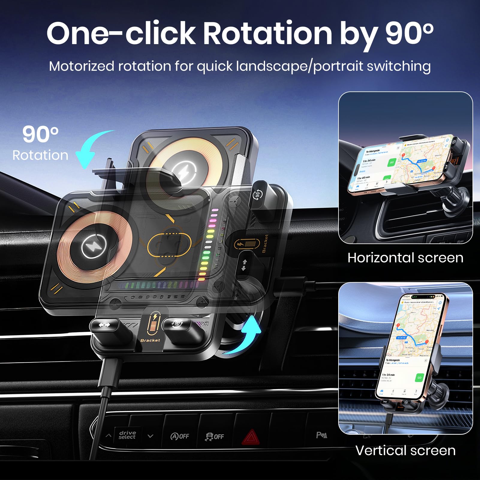 Supporto per telefono da auto con caricabatterie wireless da auto da 15 W, staffa di montaggio per bocchetta dell'aria con apertura e chiusura a induzione, supporto per telefono con regolazione della