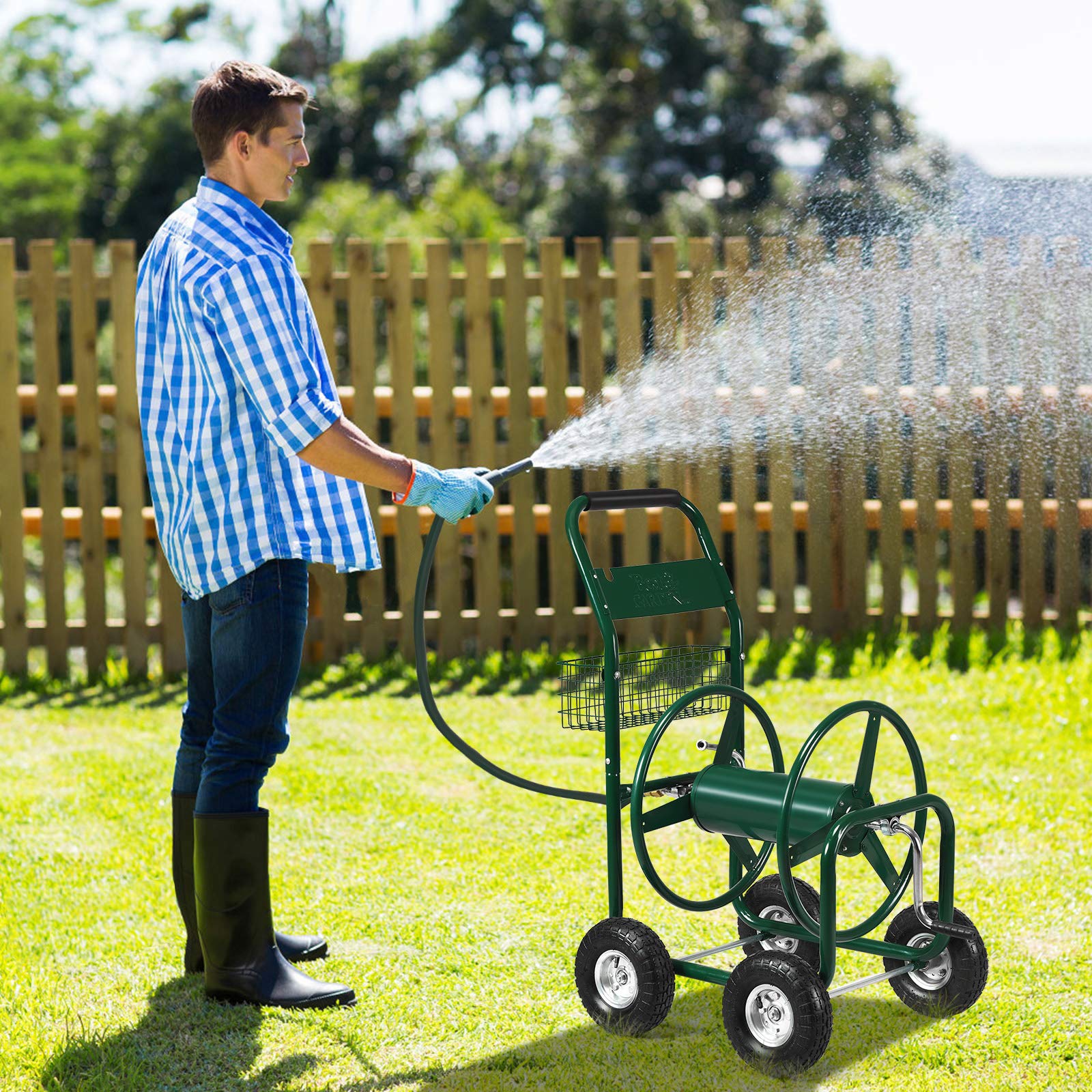 RELAX4LIFE Carrello Avvolgitubo da Giardino, Carrello di Irrigazione Mobile con Ruote ø26cm in Gomma e Cestino Portaoggetti, 95 x 62 x 113 cm
