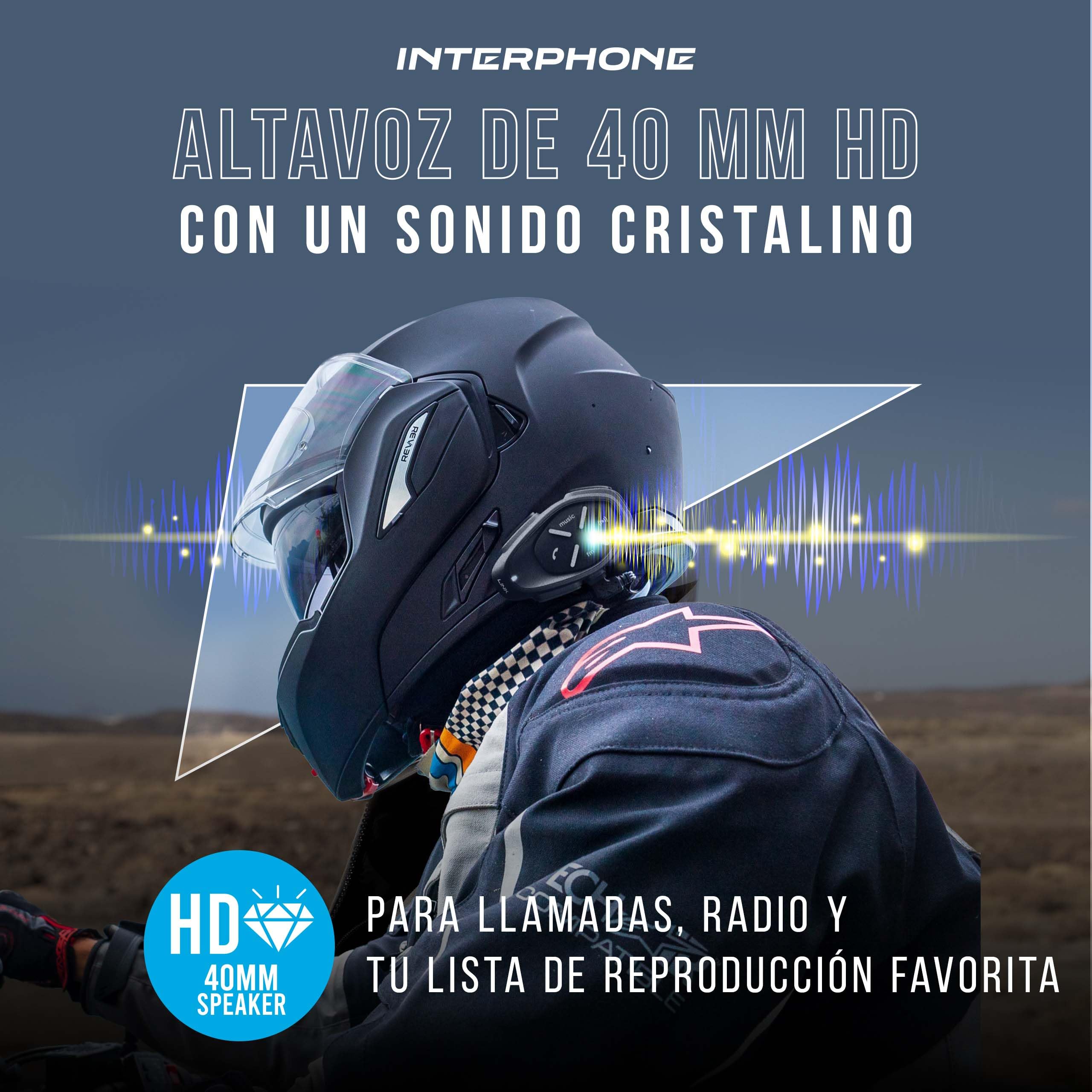 INTERPHONE LINK HD Intercomunicador casco moto individual para comunicarse entre pilotos, motos y con el pasajero hasta 300 m, intercomunicador con Bluetooth, accesorios moto, 20 h de autonomía e IP67