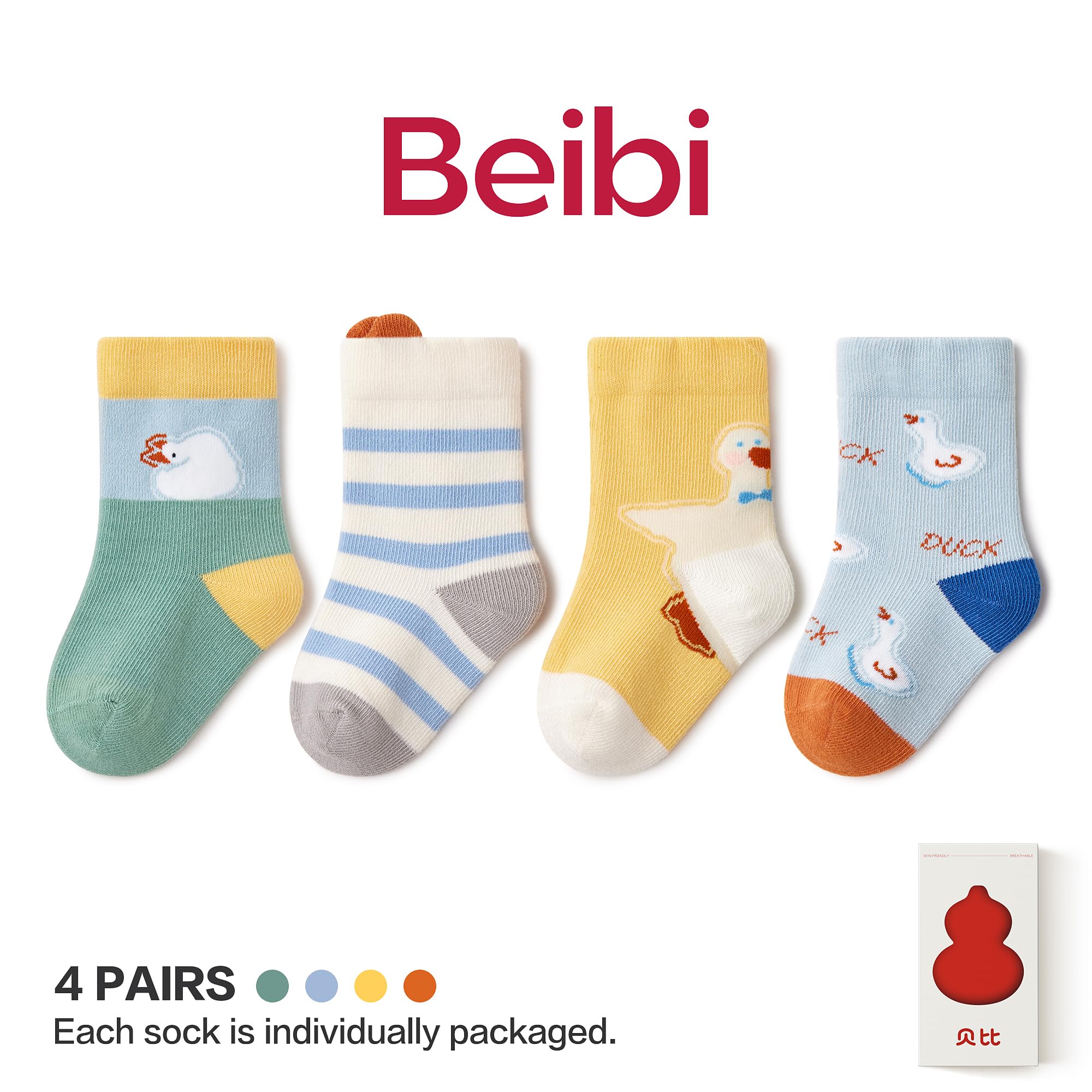 Beibi 4 PCS Newborn Baby Crew Socks, Preemie Toddler Essentials, Unisex Baby Cotton Socks Bundle for Babies Toddlers, Kids (1-2Y, Four Seasons 100% Cotton)