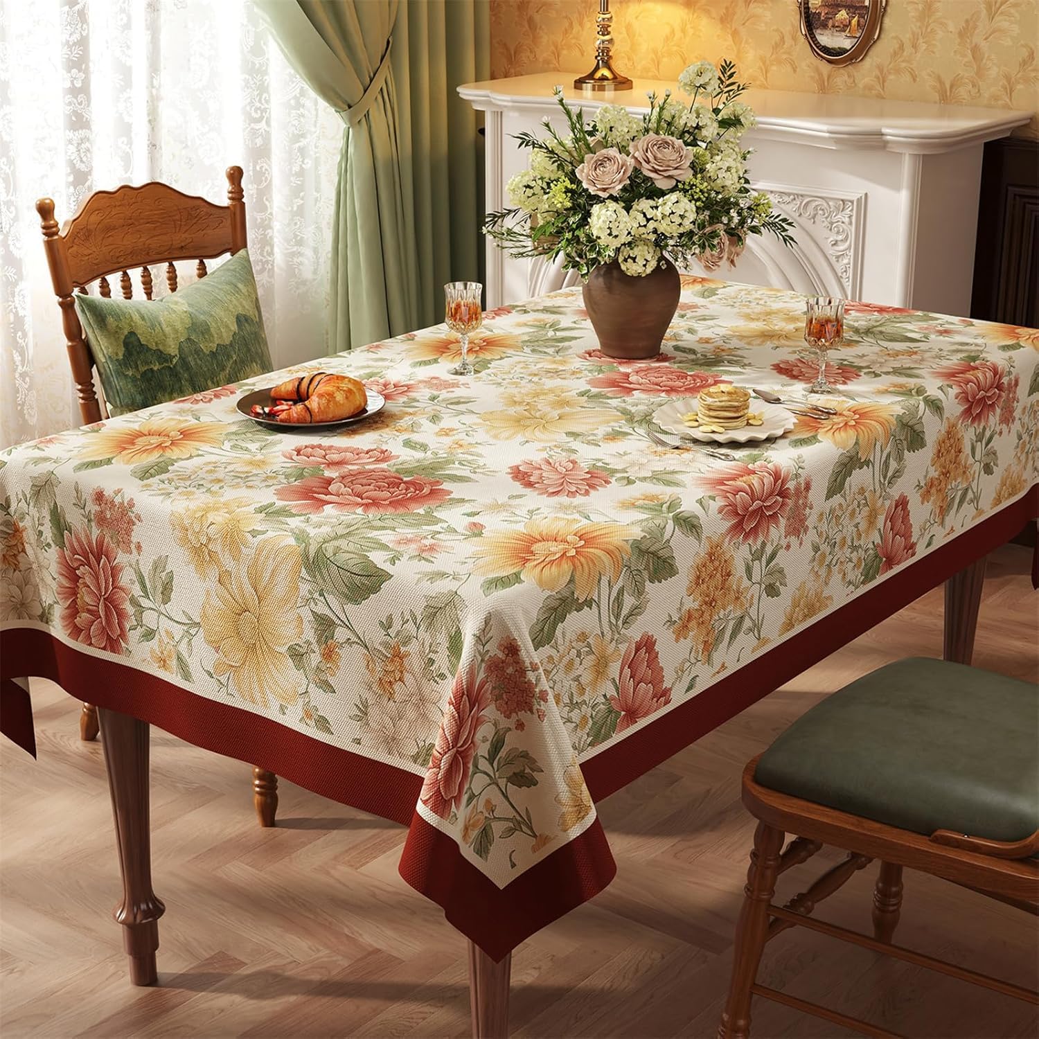 KIJyfgTR Rustic Floral Print Wipeable Tablecloth Decor For Outdoor Garden Parties And Kitchen Worktops(Red,140x260cm)