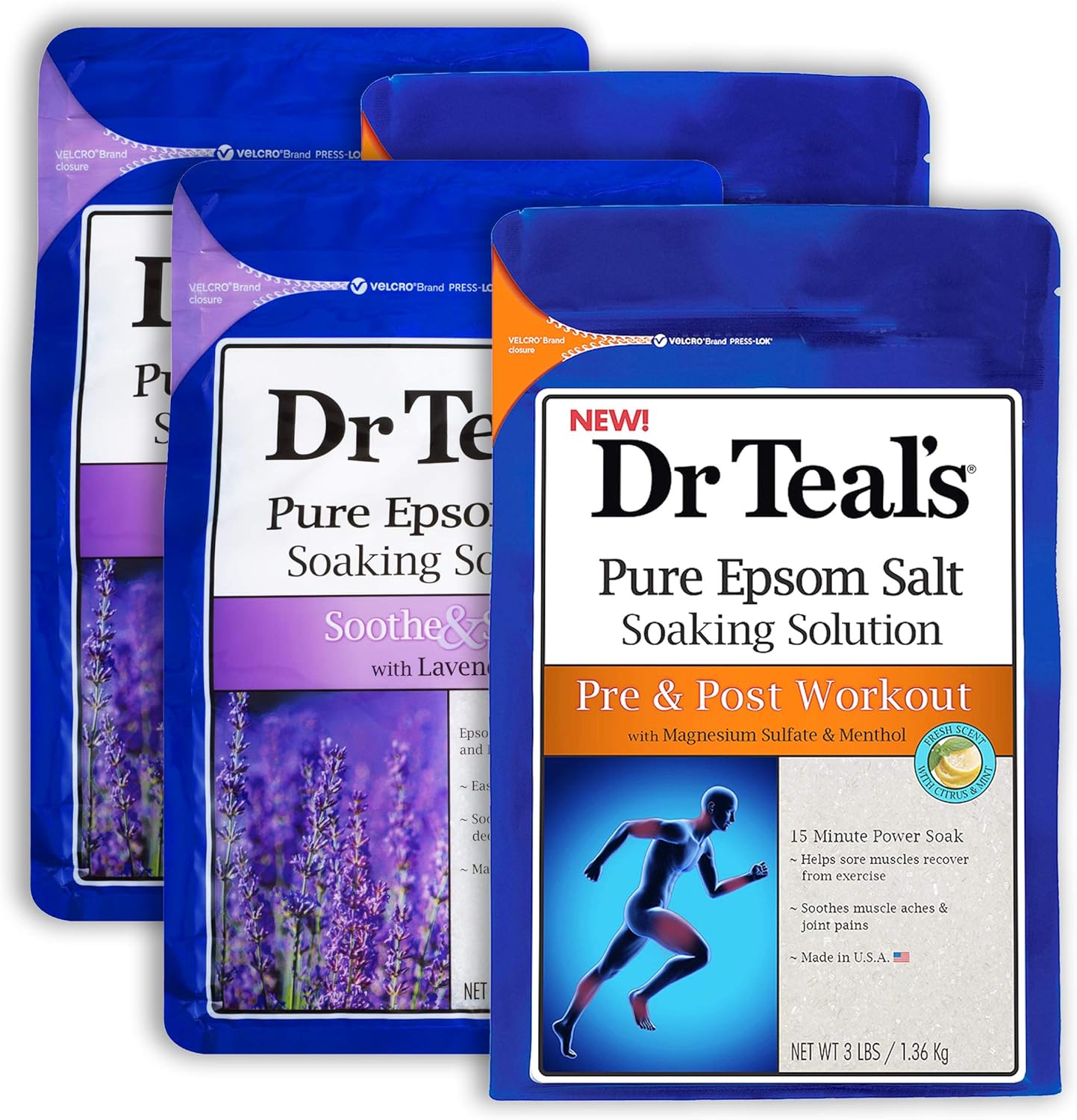 Dr Teal's Epsom Salt Bath Combo 4-Pack (12 lbs Total), Pre and Post Workout with Magnesium Sulfate and Menthol, and Soothe & Sleep with Lavender