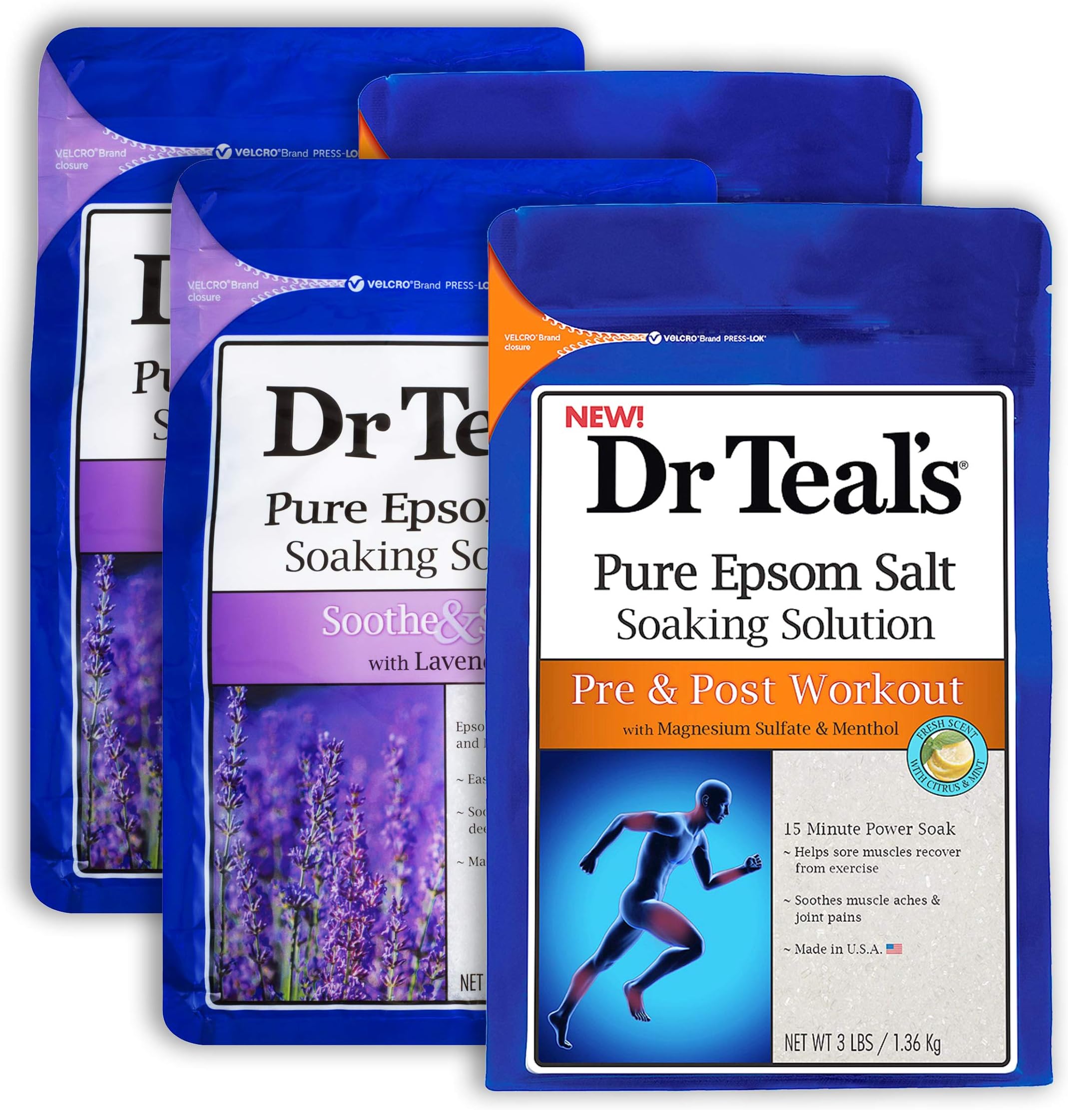 Dr Teal'sEpsom Salt Bath Combo 4-Pack (12 lbs Total), Soothe & Sleep with Lavender, and Pre and Post Workout with Magnesium Sulfate and Menthol