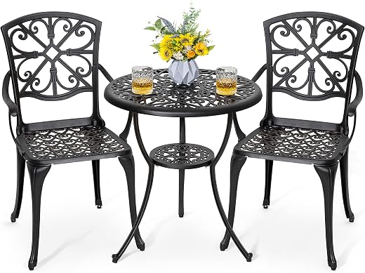 Nuu Garden 3 Piece Outdoor Bistro Table Set, All Weather Cast Aluminum Patio Bistro Sets Patio Table and Chairs Set of 2 with Umbrella Hole for Yard, Balcony, Black