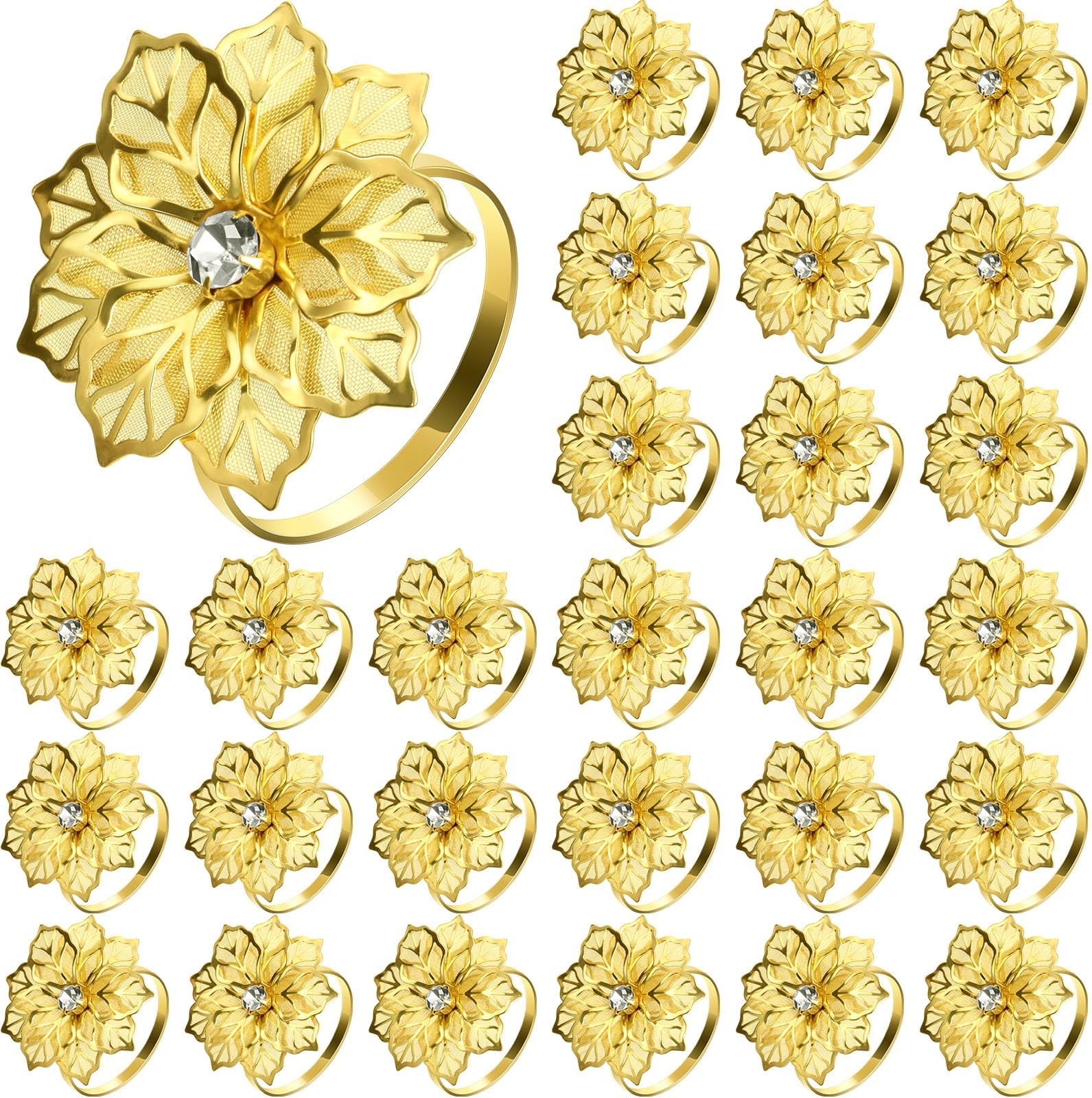Hotop 24 Pcs Gold Napkin Rings Flower Napkin Holders Buckles Hollow Out Rhinestone Wedding Delicate Serviette Buckles for Spring Party Gathering Dinner Banquet Holiday Table Decor