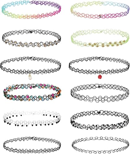 BodyJ4You 12PC Tattoo Choker Necklace for Women - 90s Choker Necklaces Y2K Fashion Trendy Vintage - Emo Black Choker Rainbow Pink White Purple Neon