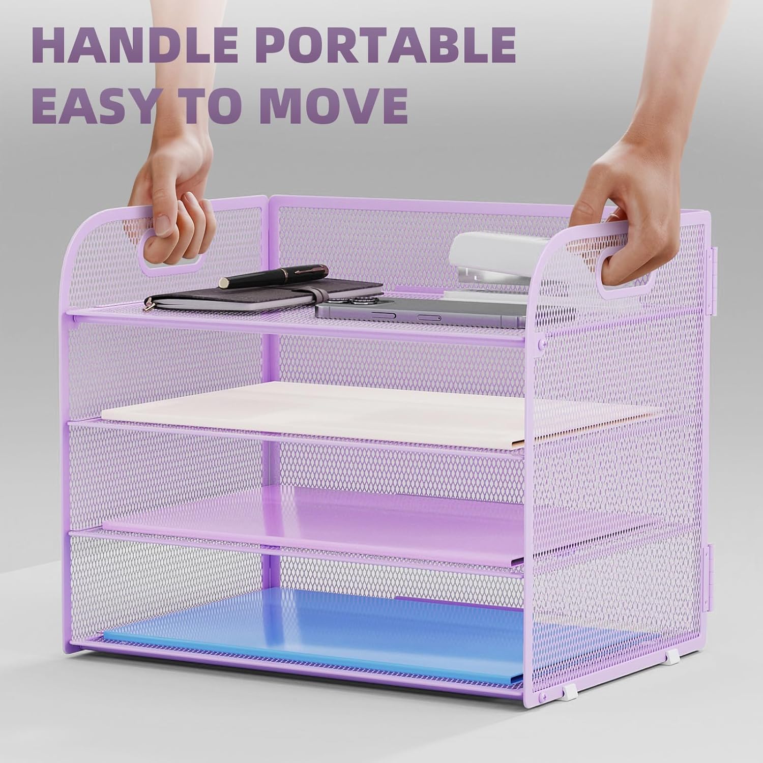 Marbrasse 2 Pack 4 Tier Paper Organizer Letter Tray - Mesh Desk File Organizer with Handle, Paper Sorter Organizer for Letter/A4 Office File Folder Holder (Purple, 12.6" x 9.1" x 10.7")