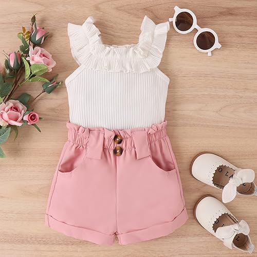Miniatura 2 de TheFound Trajes de verano para niñas pequeñas, sin mangas, de punto acanalado, halter, pantalones cortos, ropa para recién nacidos, conjunto de 3