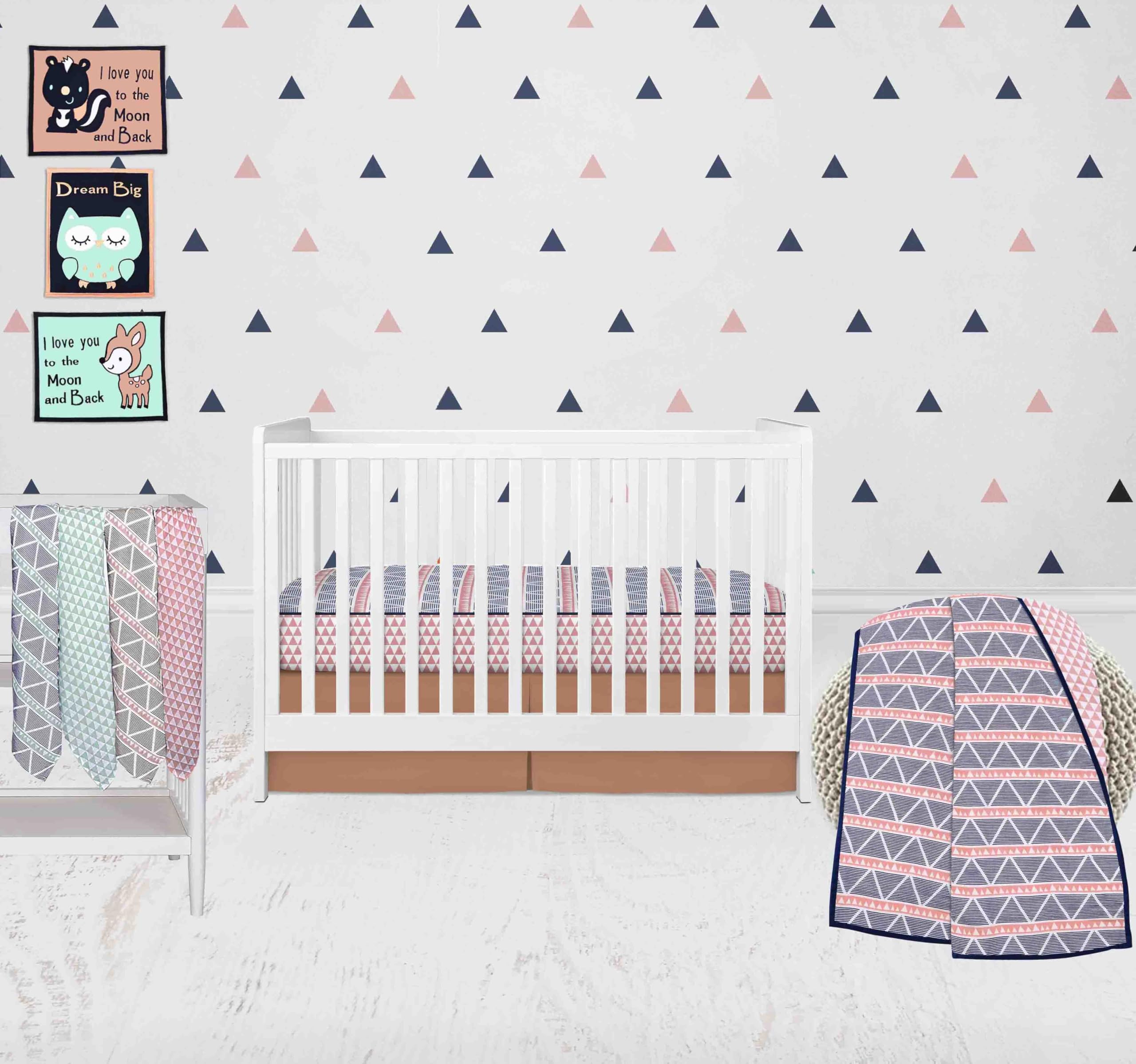 Bacati - 100 Percent Breathable Cotton Muslin/Percale 10 Piece Nursery Baby Crib Bedding Set for Boys/Girls Including 4 Swaddling Blankets US Standard Crib (Aztec Coral/Mint/Navy)