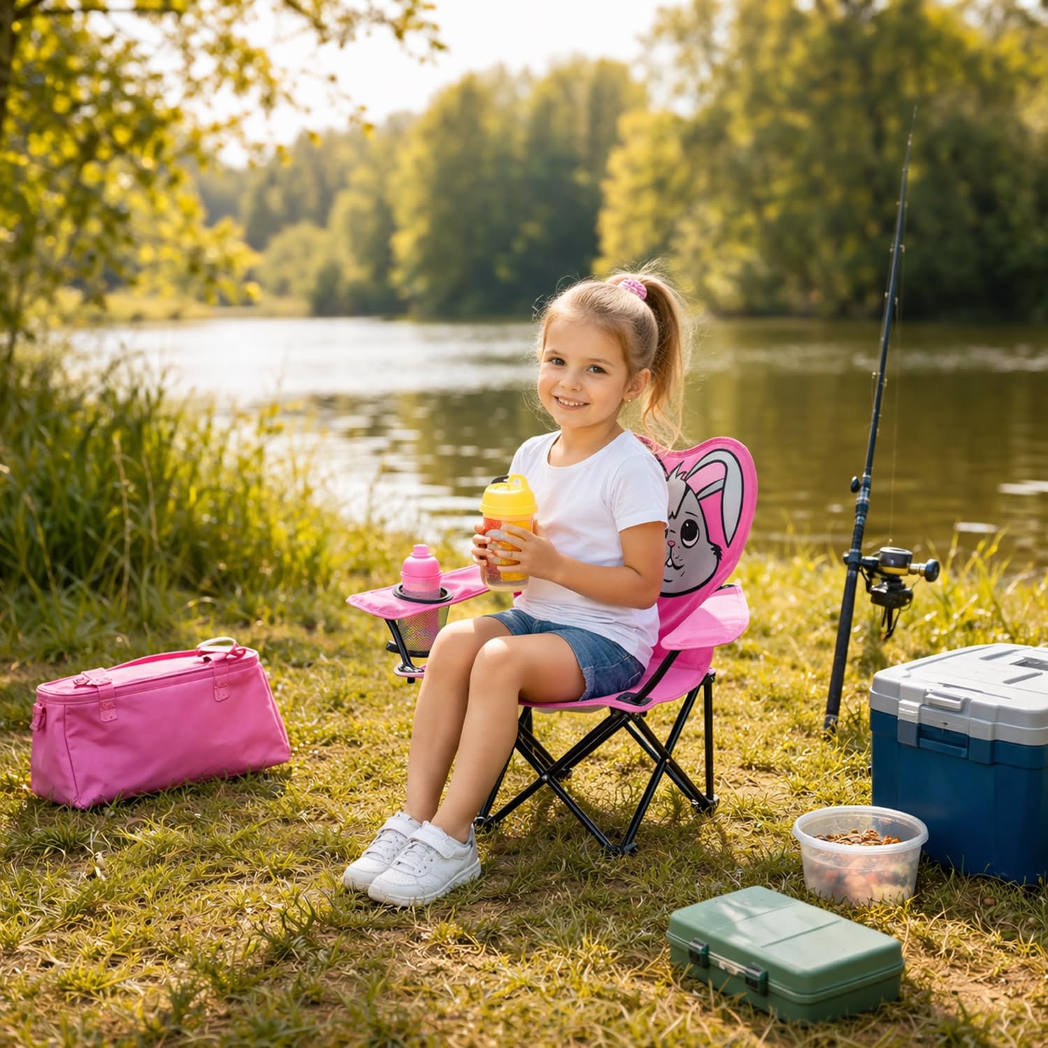 Kinder Anglersessel Pink Campingstuhl Faltstuhl Anglerstuhl Motiv Hase mit Getränkehalter und Tasche Sport & Freizeit