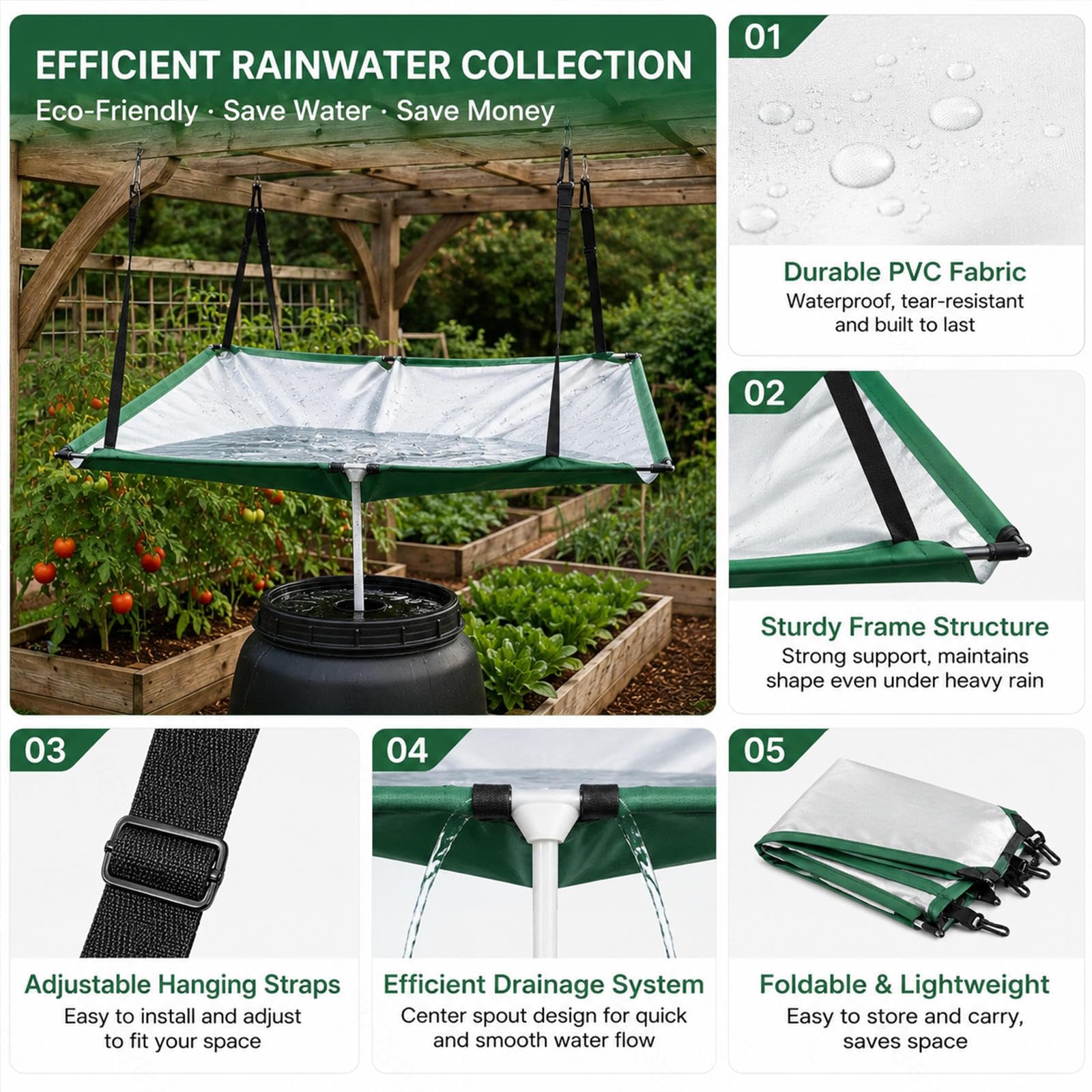 Raccoglitori D'acqua Piovana per Giardino Portatile E Facile Da Riporre Raccoglitore Di Acqua per Grondaia Per Prato, Cortile, Giardino, Balcone E Campeggio,5pc
