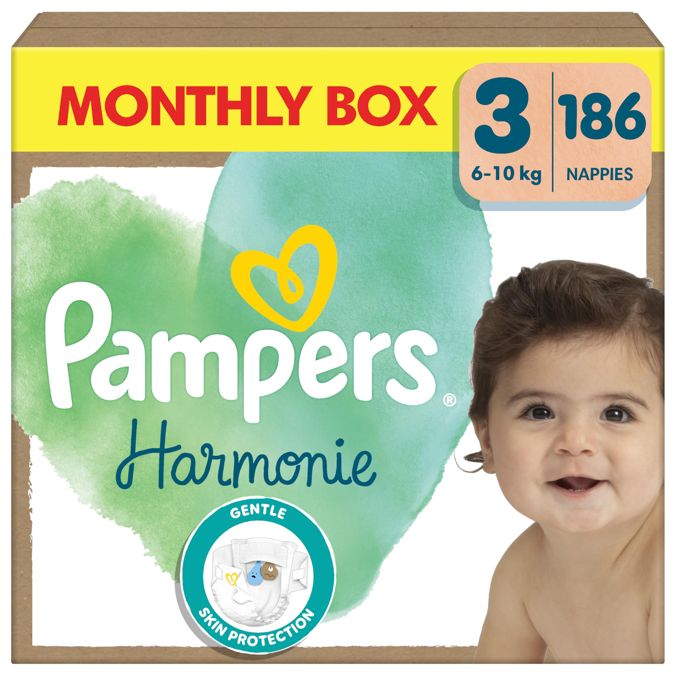 Harmonie Nappies Size 3, 186 Nappies, 6kg-10kg, Monthly Pack, Gentle Skin Protection with 100 Percent Pampers Protection