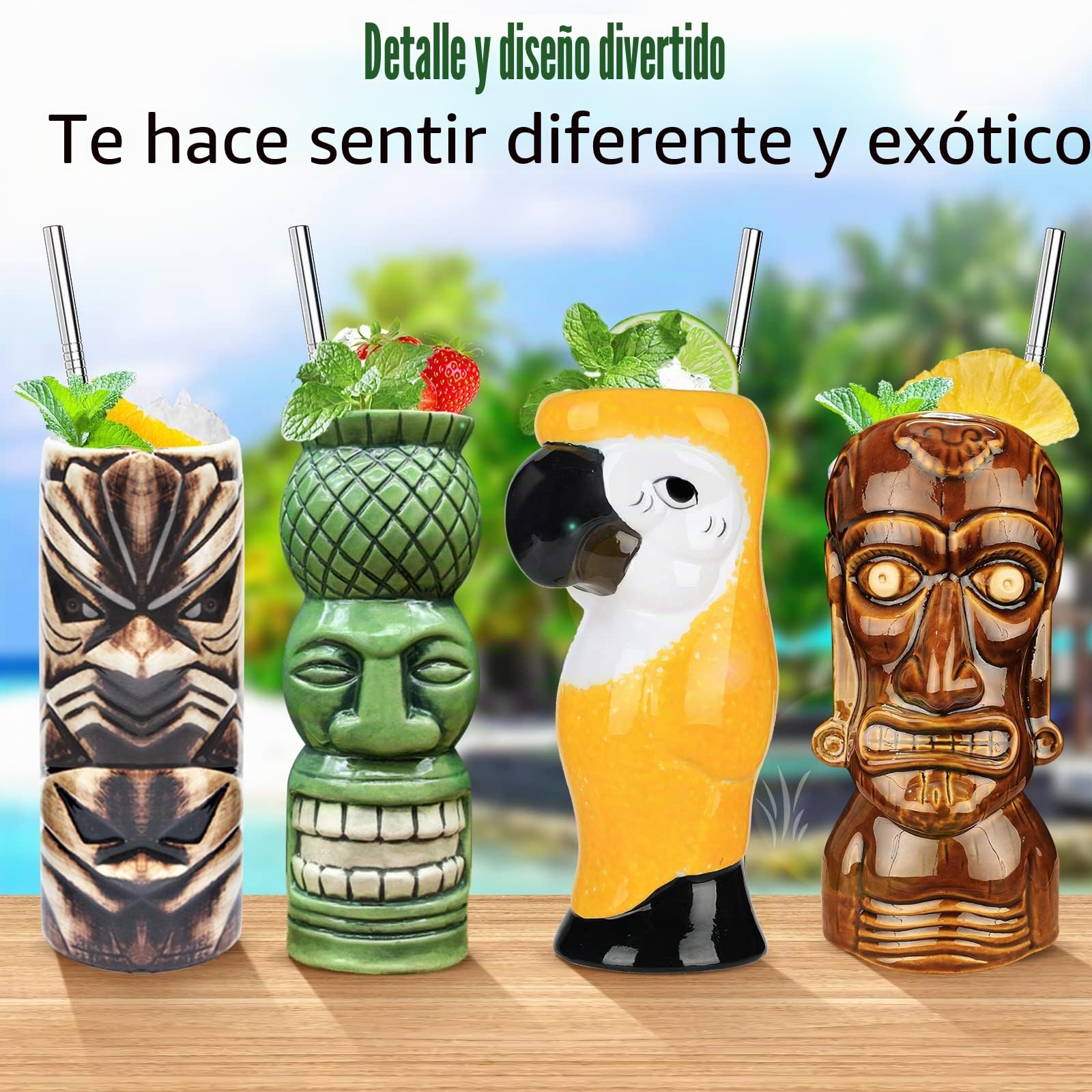 SuproBarware Juego de 8 vasos de cóctel Tiki de cerámica colorida, decoración de fiesta hawaiana para fiestas exóticas