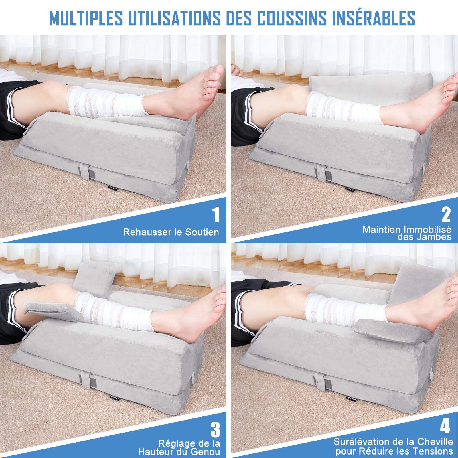 Coussins Relève-Jambes réglable en 4 hauteurs, Idéal après une Chirurgie, pour Blessures ou Détente, Mousse Mémoire Orthopédique, Doté de 3 Poignées et d'un Insert Amovible, Housse en Velours Lavable
