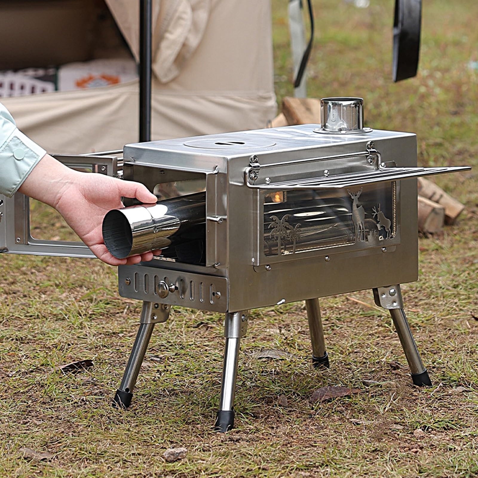 Poele a Bois Portable Pliable Rechaud Camping en Acier Inoxydable avec Conduit de Fumée et Crochet À Feu pour Le Camping, La Cuisines, Les Grillades, La Randonnée, La Pêche, La Chasse(54*44*35.1cm)
