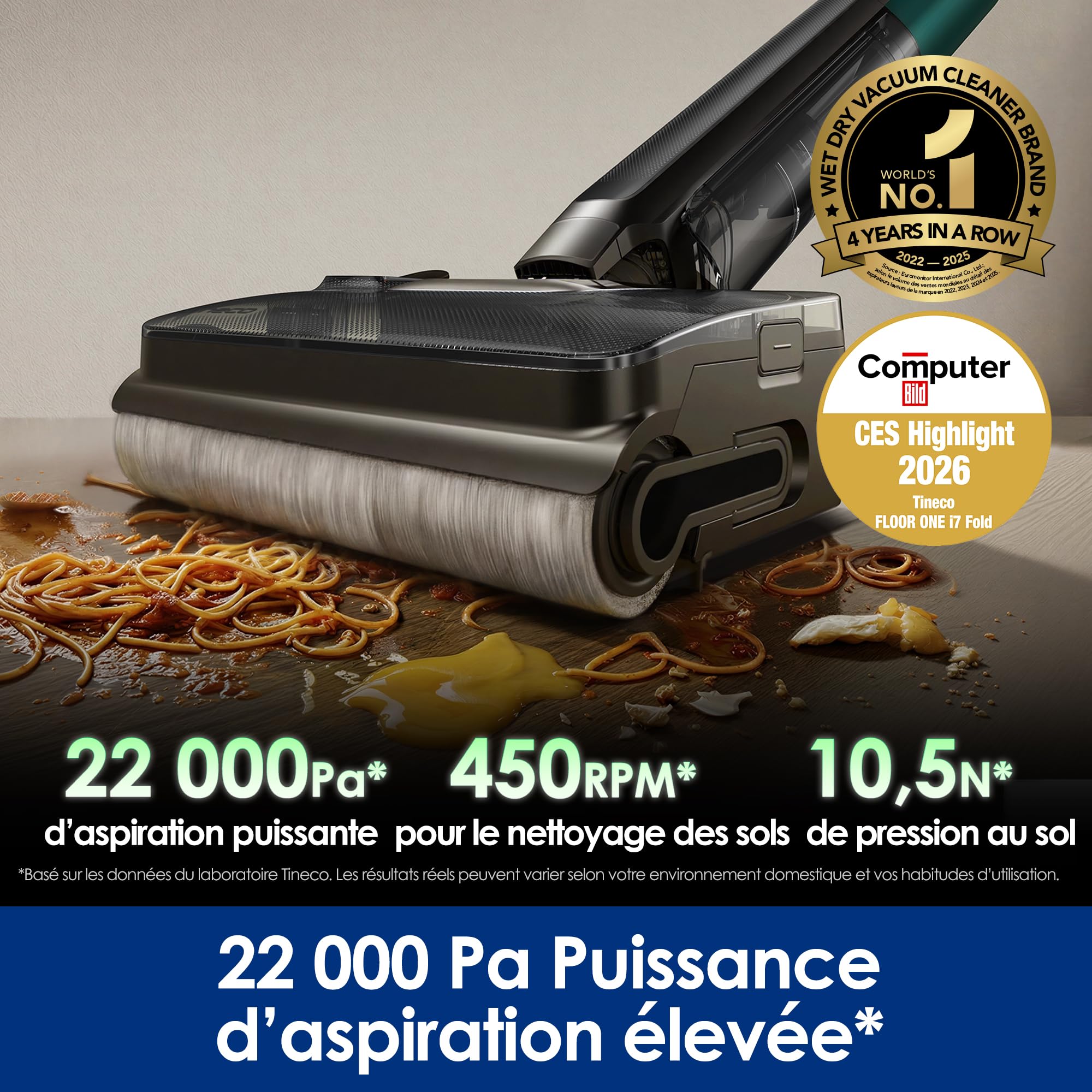 Tineco Floor One i7 Fold aspirateur Eau et poussière, Aspiration 22 kPa, Conception Anti-emmêlement DualBlock, FlashDry 85 ℃, autonomie 50 Min, Nettoyage des Bords Double Face, Design Plat à 180°