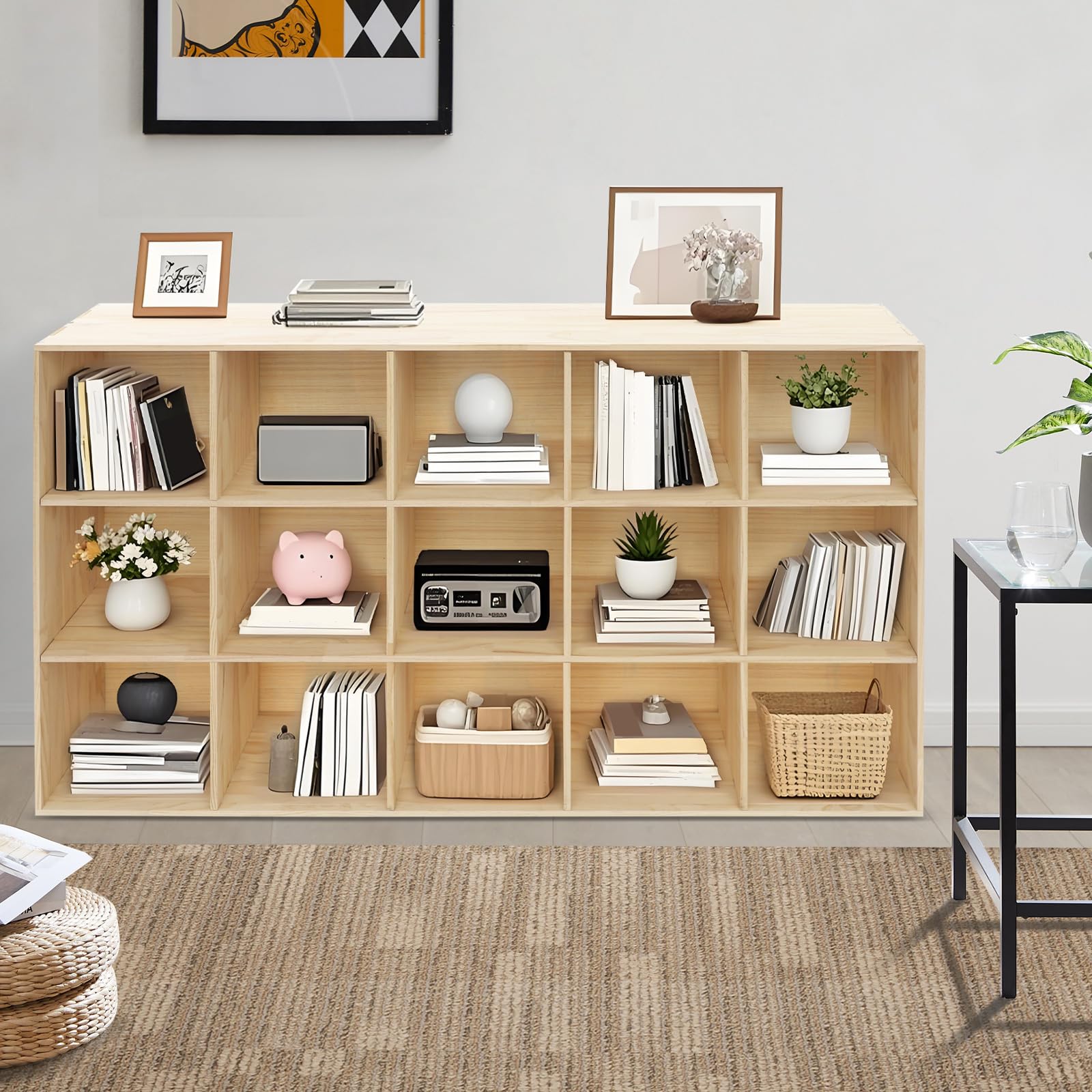 Regał stojący z 15 półkami, 3-poziomowy regał kostkowy z litego drewna (150 cm)