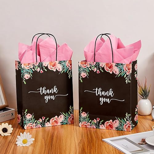 Miniatura 4 de DjinnGlory Paquete de 50 bolsas de regalo de papel de agradecimiento floral de tamaño mediano con asas y papel de seda rosa para boutiques, bodas,