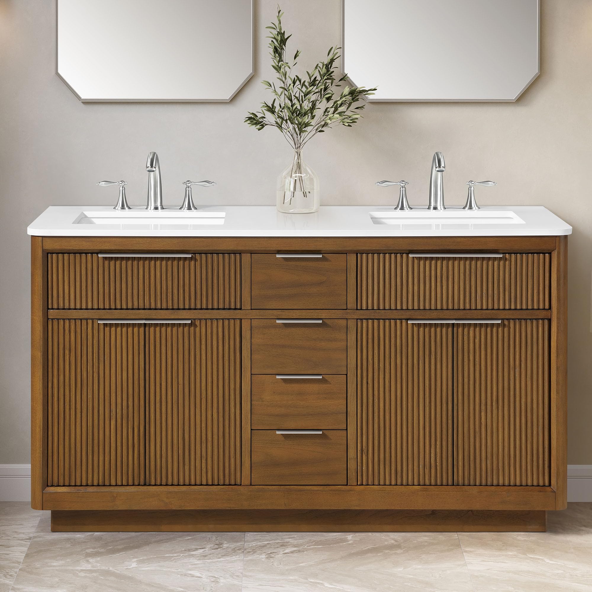 OVE Decors Xander 60" Warm Walnut Bathroom Vanity, Brushed Nickel Hardware