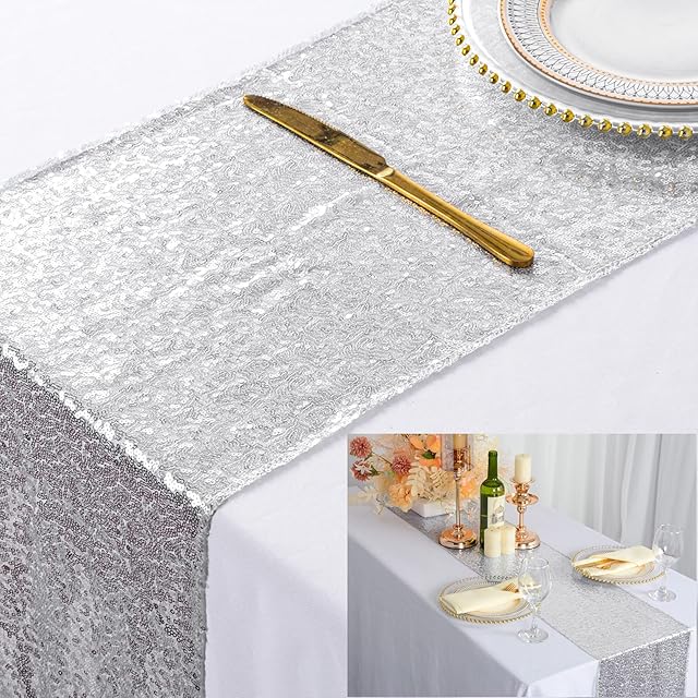 ShinyBeauty Sparkly Silver Sequin Table Runner For Wedding/Events Decoration 30 x 180cm Linen Table Runner Outdoor Party Decor SIlver Christmas Table Runners (Can Choose Your Color) (Silver Color)
