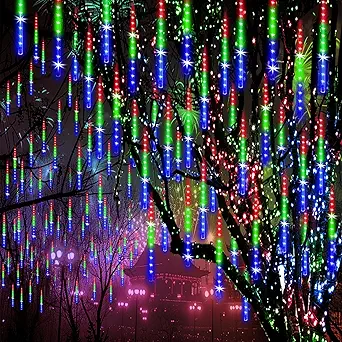 Meteor Shower Lights Outdoor Christmas Lights 24-Tube 576LEDs Snow Falling Rain Cascading Icicle Light for Christmas Tree Decorations Wedding Party Holiday Garden Decor, UL Plug Multi Color