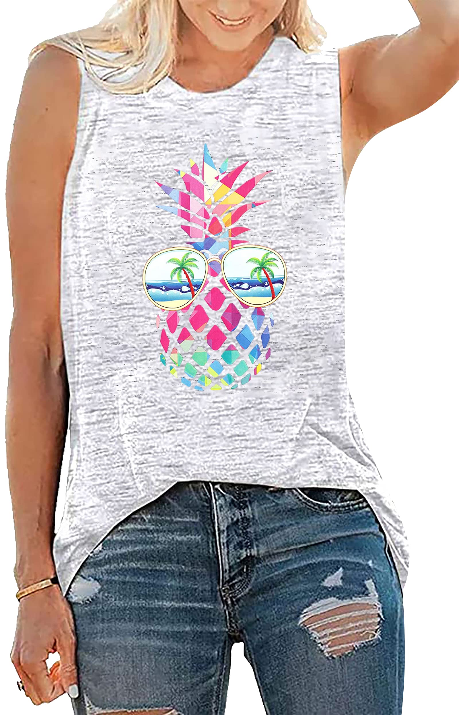 ASTANFYWomen Pineapple Sunglasses Beach Tank Tops Funny Graphic Vest Casual Summer Sleeveless Tee Shirts