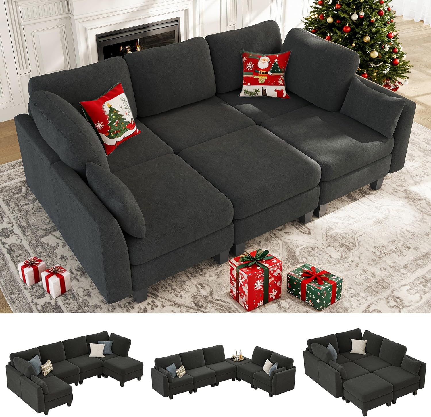 Dowiean Sectional Sleeper Sofa, 6 Seaters Modular Sleeper Sofa Couch, Comfy Sectionals Couches Bed, Convertible Sofas with Ottomans, Modular Sectional Couches for Living Room, Dark Grey
