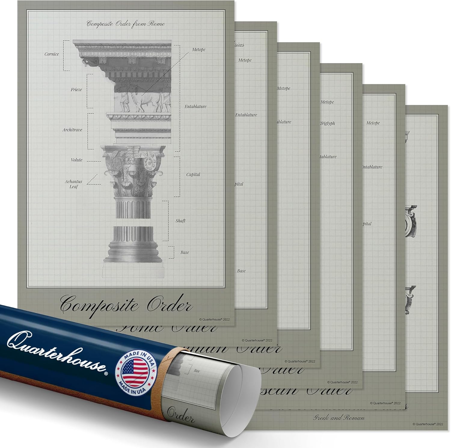 Quarterhouse 6 Poster Five Architectural Orders Set, Social Studies Classroom Learning Materials for K-12 Students and Teachers, 12 x 18 Inches, Made in USA