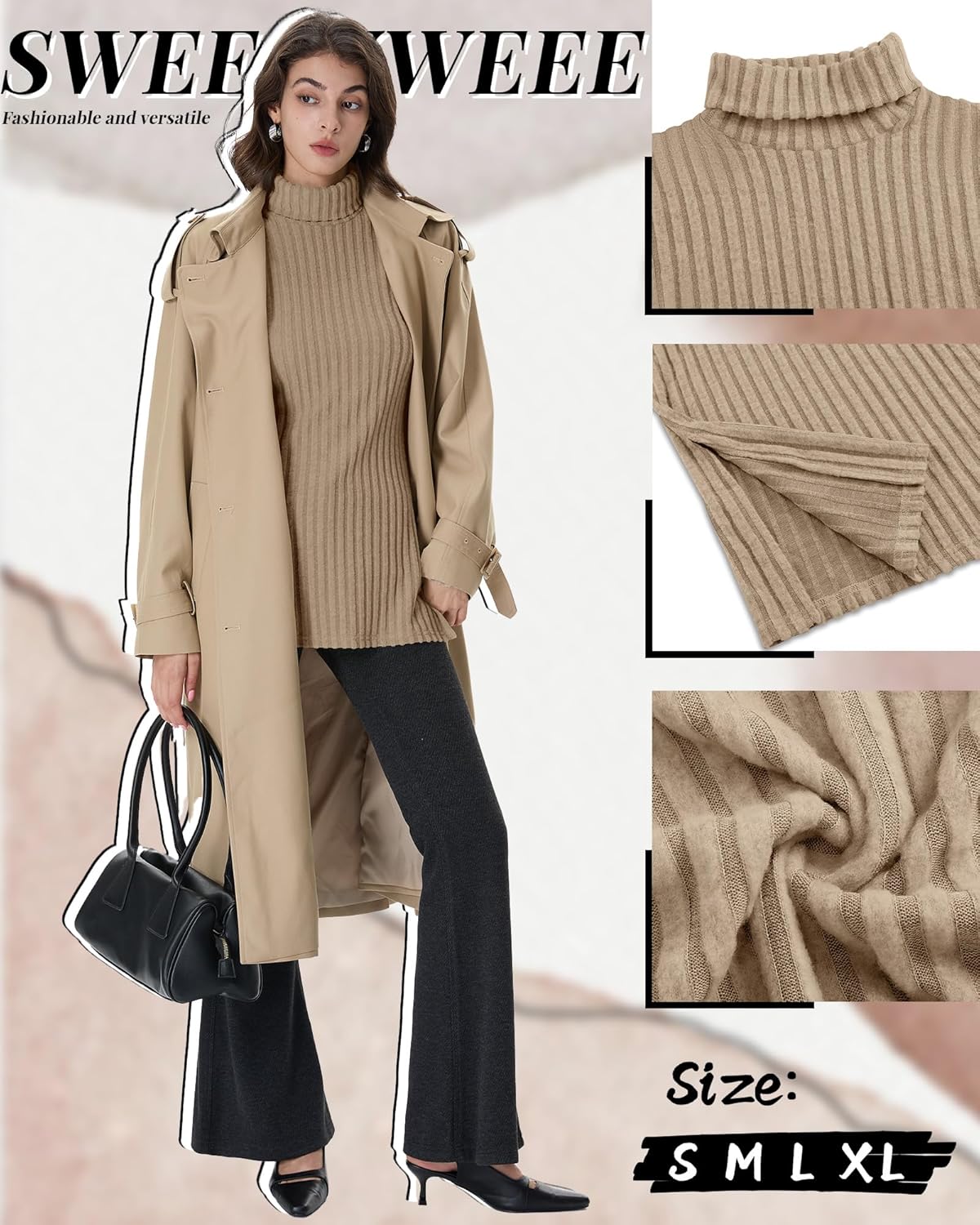 3 Pack Women's Turtleneck Sweaters, Side Split Long Sleeve Pullover, Ribbed Knit Fall Winter Lightweight Tunic Top - Image 4